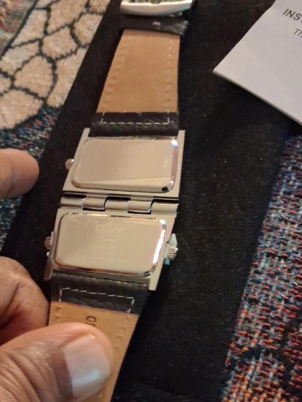 Oulm Dual-Dial Black Leather Strap Watch with Silver Case